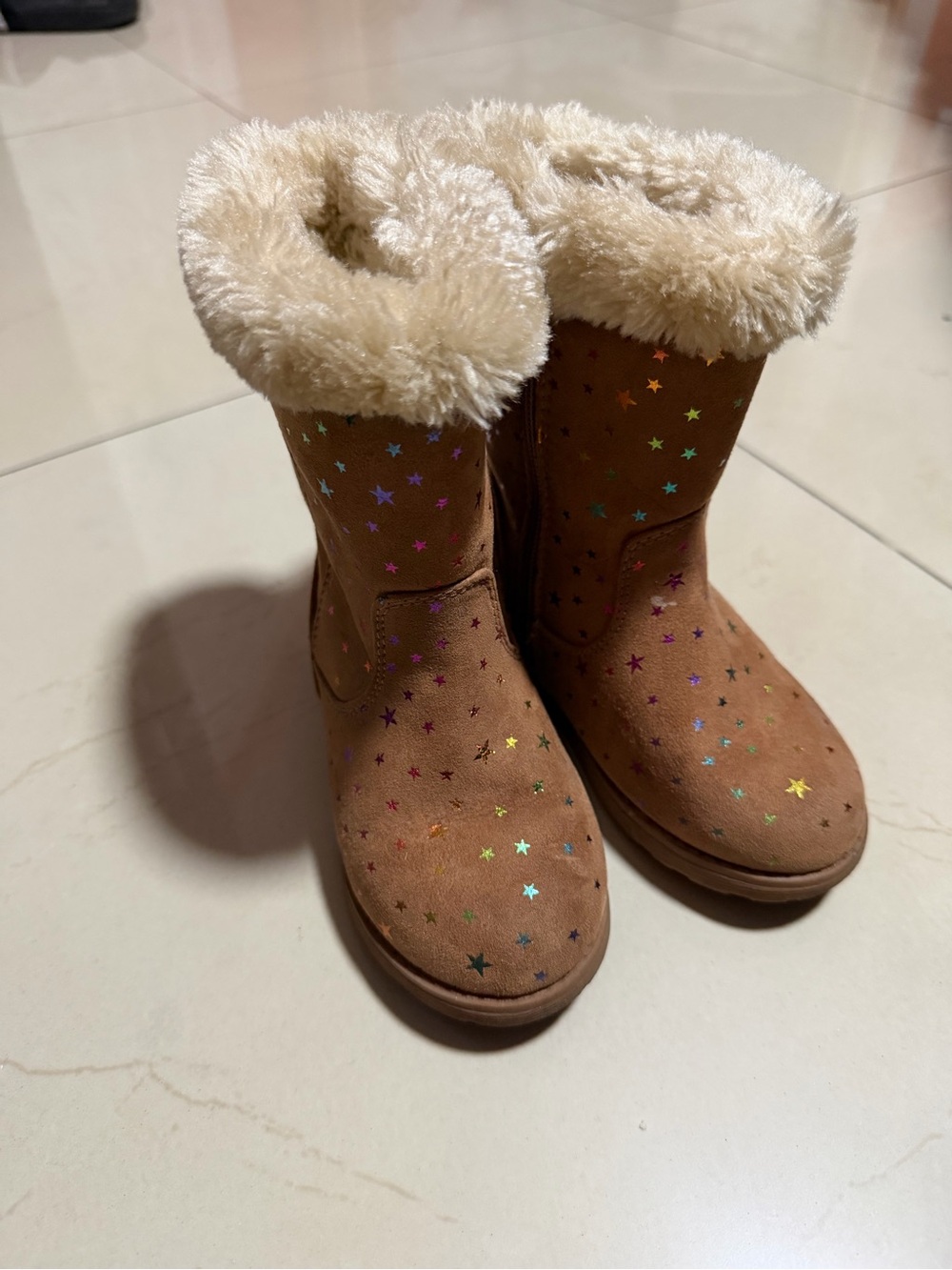 Kids Brown Faux-Fur Lined Star Sparkle Boots